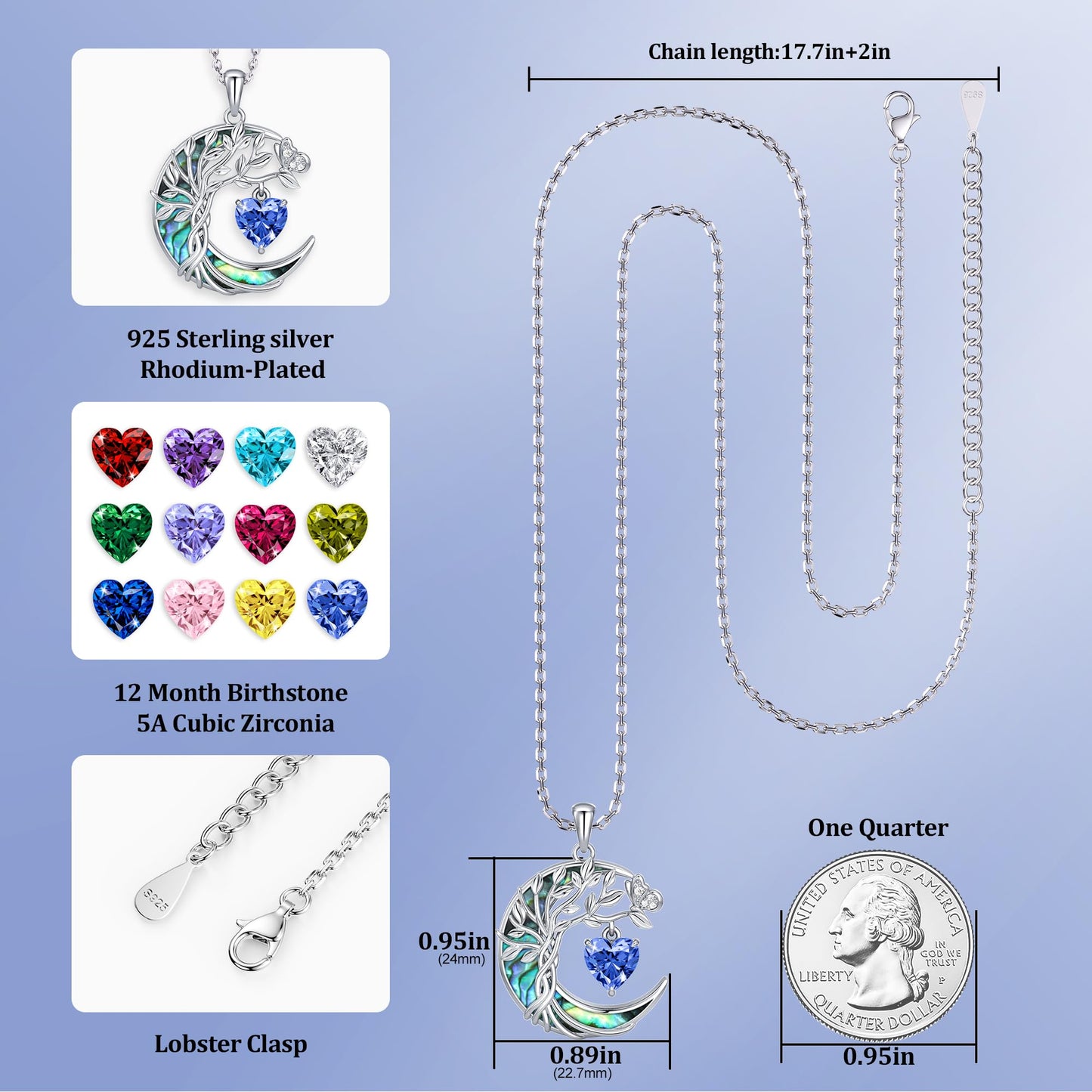 Distance Tree of Life Birthstone Necklace for Women, S925 Sterling Silver Premium Abalone Shell Moon Pendant December Heart Birthstone Necklace, Tanzanite Jewelry Christmas Birthday Gifts for Her Wife