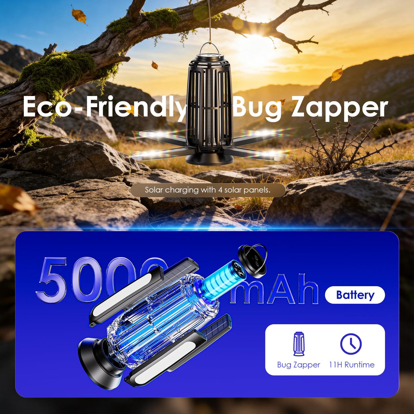 Solar Bug Zapper Indoor & Outdoor, Energy-Saving Mosquito Killer with USB-C Rechargeable & 4-Sided Solar Panels, Waterproof Portable Fly Zapper with LED Light for Patio, Garden, Camping, Backyard