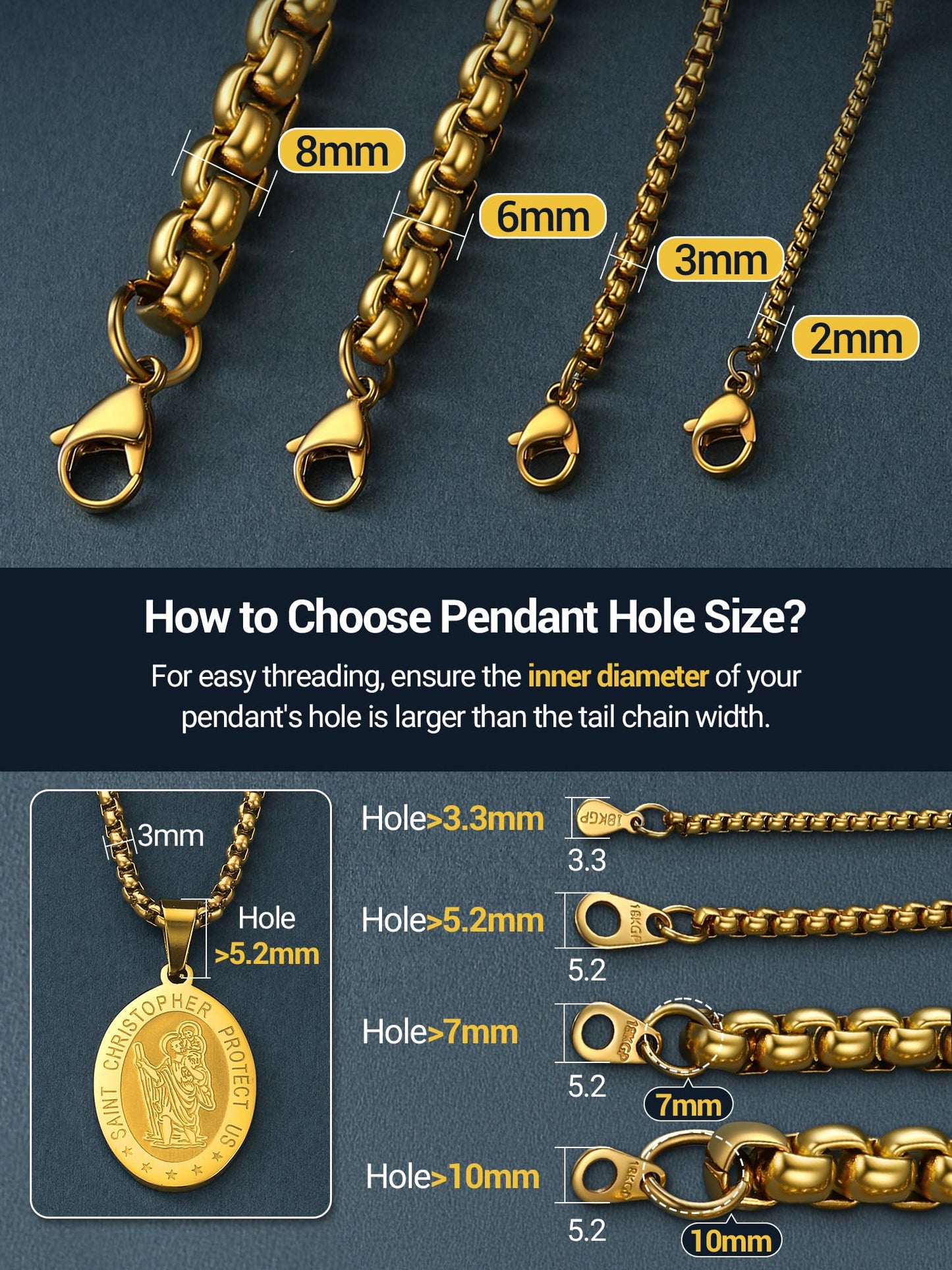 PROSTEEL Mens Chain Necklace, Squre Rolo Cable Chains 2mm Thin 18K Gold Necklace Waterproof & Non Tarnish Men and Women Jewelry with Gift Box 18in