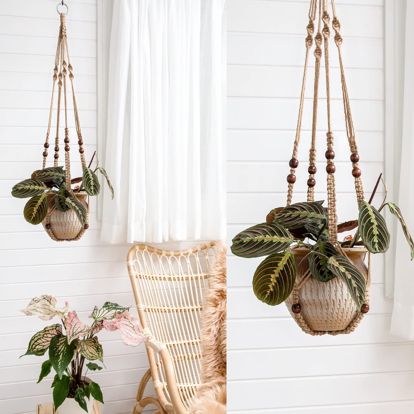 Mkono Macrame Plant Hangers Indoor Jute Hanging Planter Basket and Ceiling Hooks, Wood Beads Decorative Flower Pot Holder for Indoor Outdoor Boho Home Decor,Brown