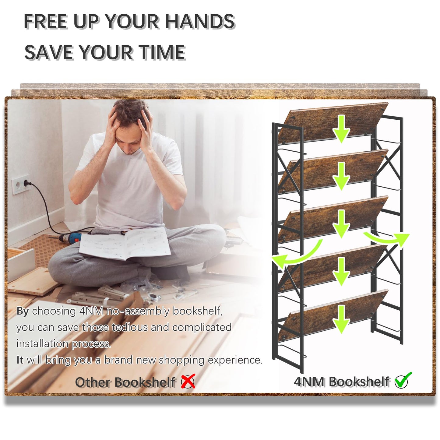 4NM Extra Wide 5 Tiers No Assembly Book Shelves, 51.2" H Folding Bookshelf Bookcase Open Industrial Foldable Shelves for Bedroom, Living Room, Home Office - Rustic Brown Black