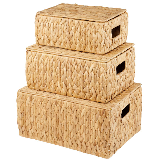 84ECO Set of 3 Wicker Baskets with Lid - Woven Storage Basket with Lid - Decorative Storage Boxes for Bathroom, Bedroom and Shelves
