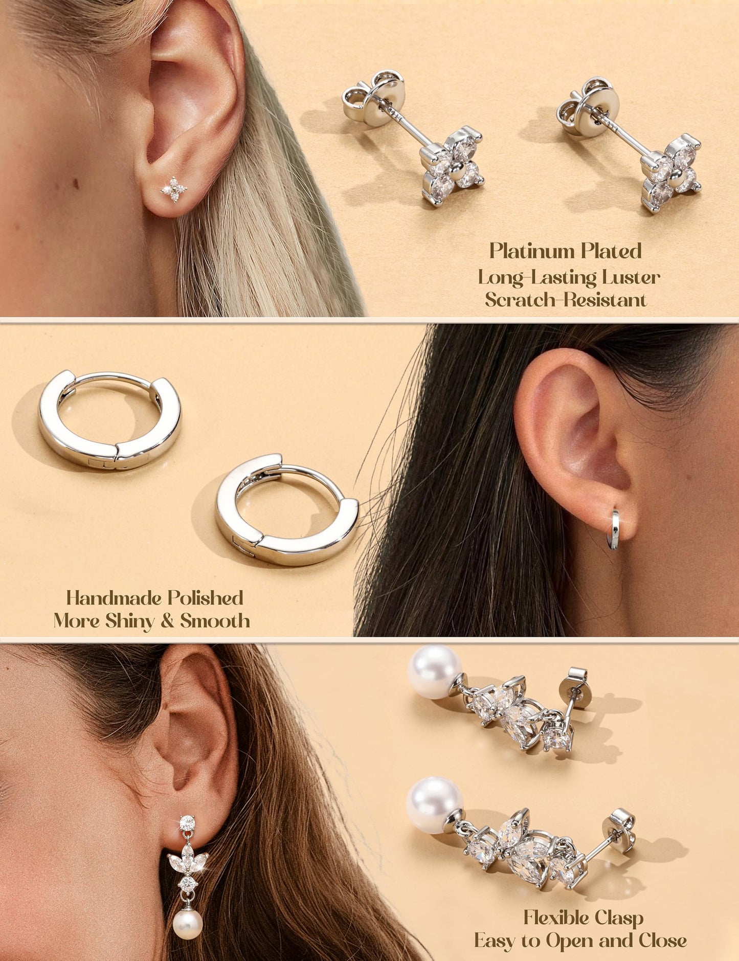 MILACOLATO 5Pairs 925 Sterling Silver Earrings for Women Platinum Plated Stud Huggie Hoop Earrings Sets for Multiple Piercing Hypoallergenic Pearl Cartilage Earrings Stacks Trendy Gifts