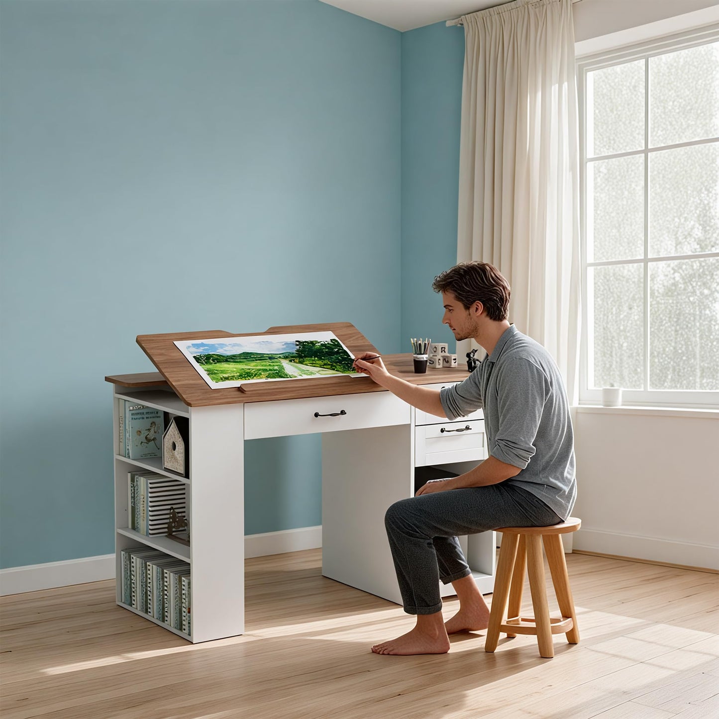 GatherHome Drafting Table with Storage Cabinet & Drawers, Adjustable Drawing Table with Open Shelves, Craft Art Desk for Artists, Painters, Drawing, Crafting, Reading, Writing, Working