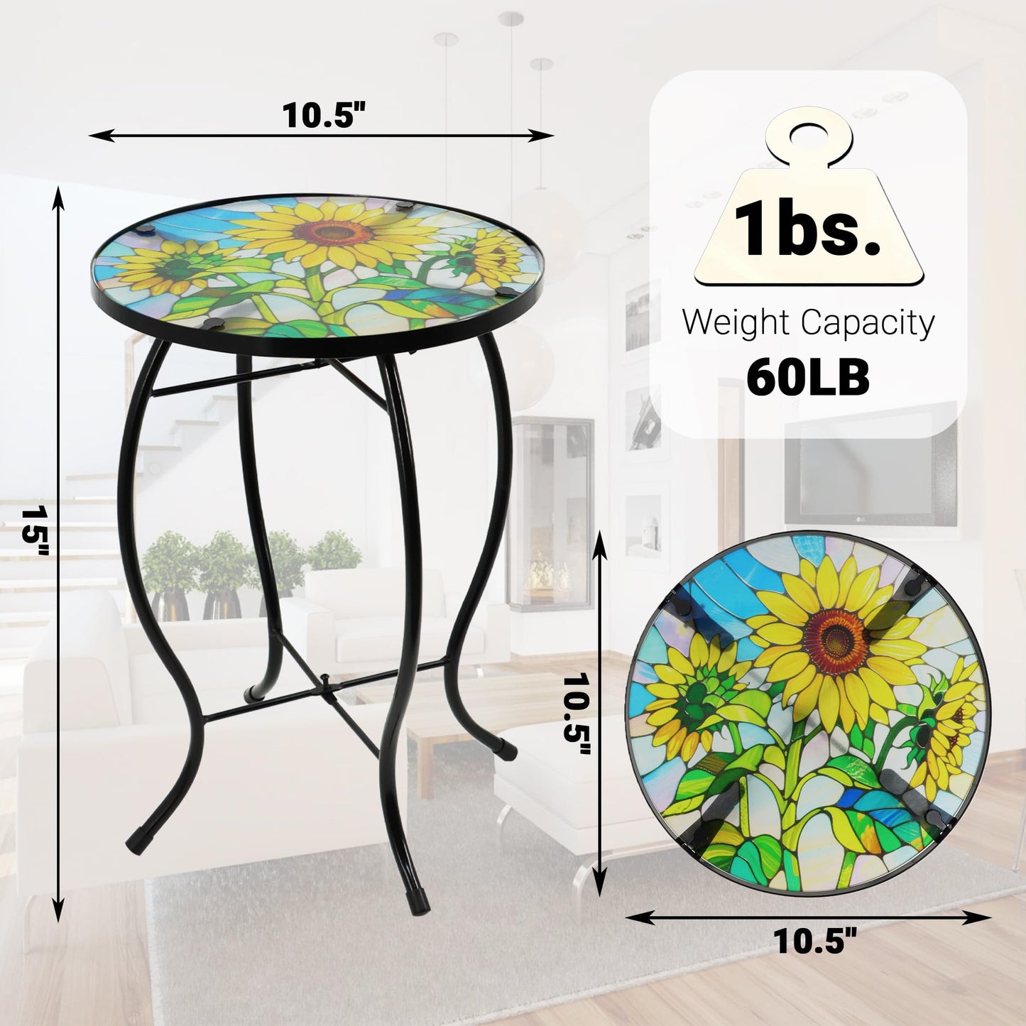 Voumsil Small Side Table with Metal Frame, 10.5" Round Side Tables with Sunflower Pattern,Outdoor Table for Balcony,Terrace,Garden,Living Room