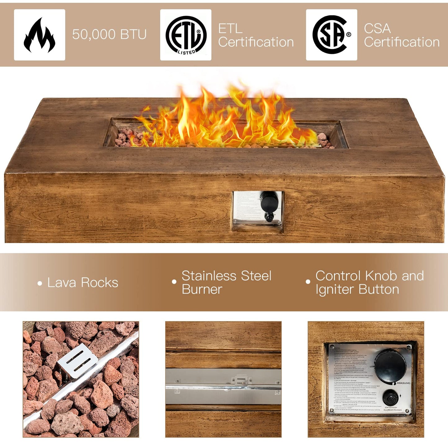 COSTWAY 48 Inch Gas Fire Pit Table, 50,000 BTU Outdoor Propane Firepit with Lava Rocks and Waterproof Cover, Rectangular Fire Table, Brown