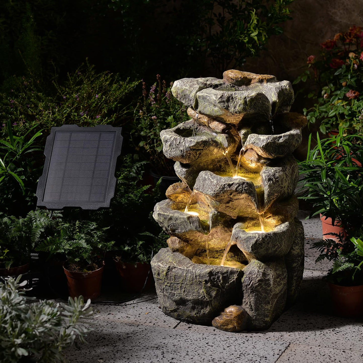 KAISOKU Solar Water Fountain Outdoor Garden, 24" H Cascading Stone Design 5 Tier Rock Feature Outdoor Fountains Waterfalls with Light, Pump Solar Panel for Patio, Deck, Porch, Backyard Home Décor