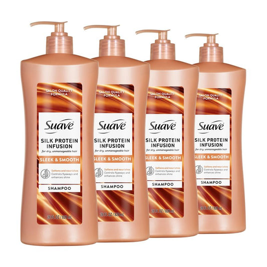 Suave Silk Protein Smooth & Sleek Shampoo for Dry, Unmanageable Hair, Anti-Humidity + 48HR Frizz Control, Enhances Shine, 28 FL OZ Pump, 4 Count