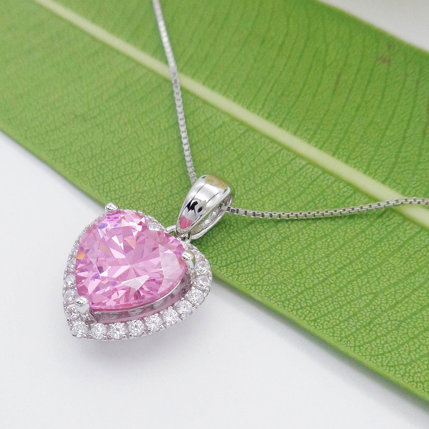Navachi 925 Sterling Silver 18k White Gold Plated 3.7ct Heart Pink Quartz Az9308a Necklace Pendant 18"