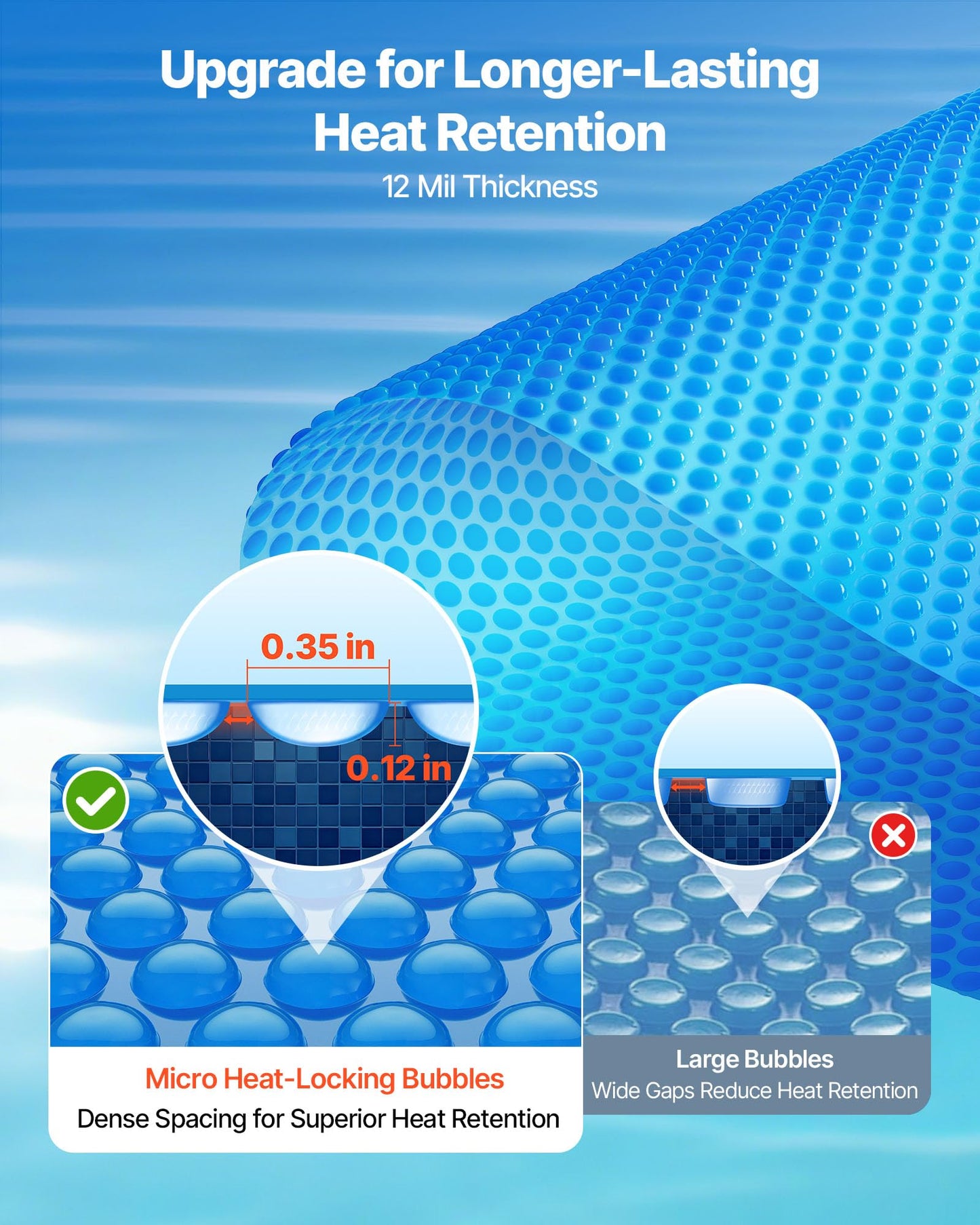 VEVOR Solar Pool Cover, 24 ft Round Pool Bubble Cover, 12 Mil Pools Solar Blanket with Bubble & PE Material, Daytime Heat Absorption, Nighttime Heat Retention, Heat Retaining Solars Covers, Blue