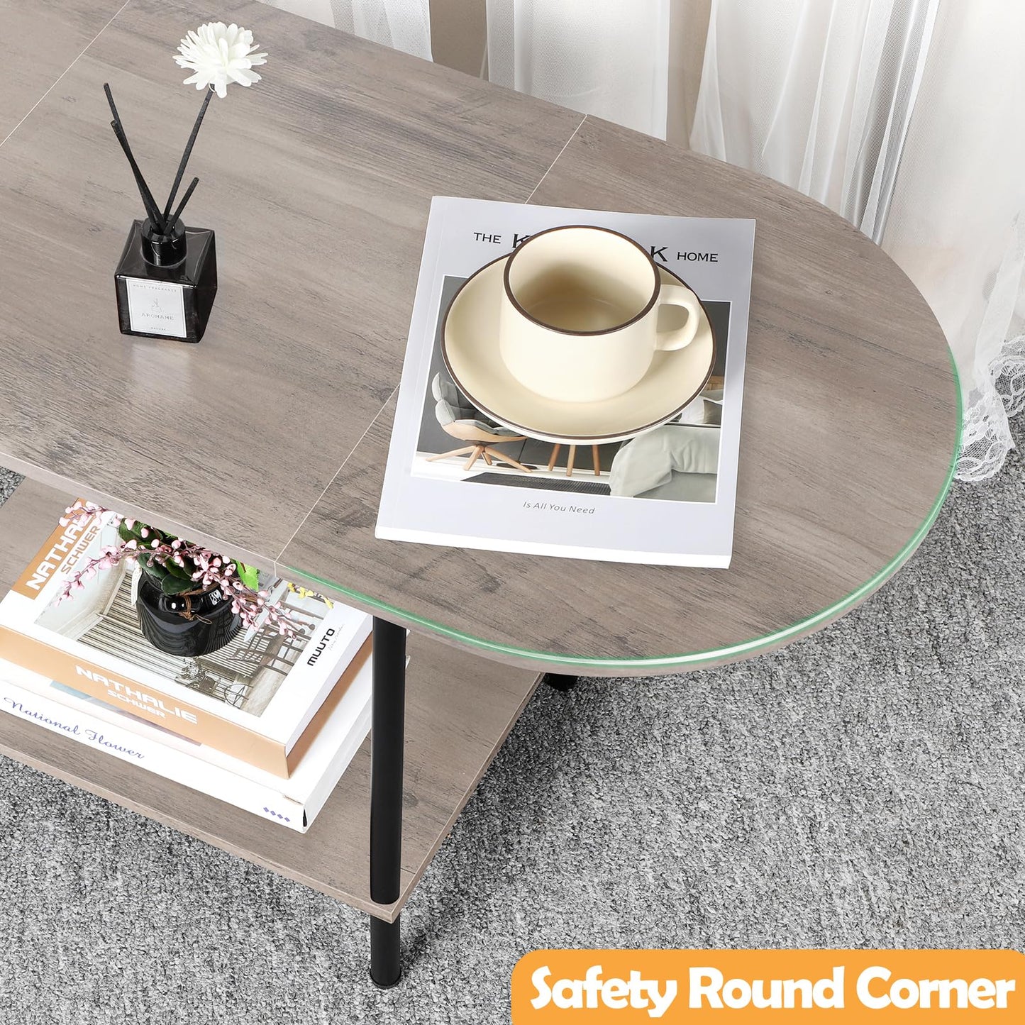 Shinoske Coffee Tables for Living Room,2-Tier Small Oval Center Table Industrial Modern Style Coffee Tables with Storage Shelf and Wood Tabletop for Small Space,Home Office,Rustic Grey
