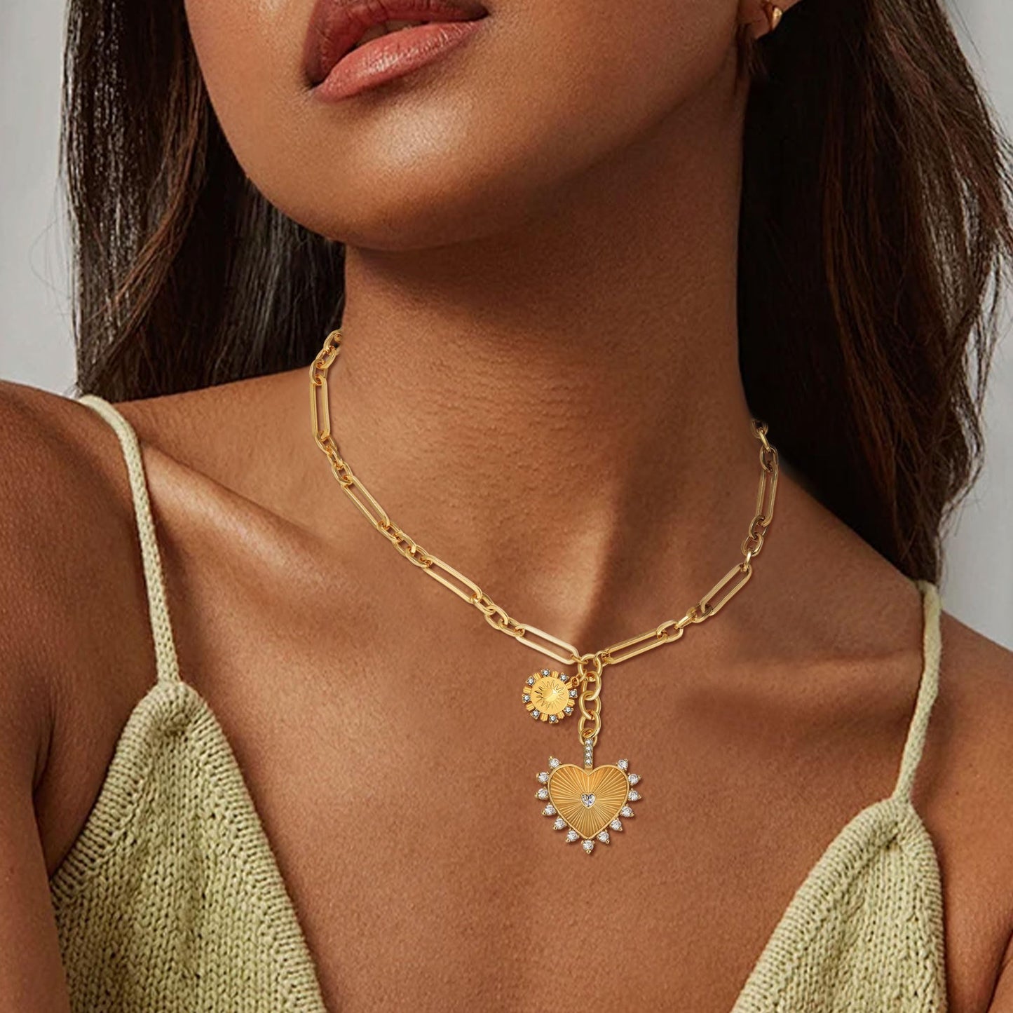 BONJOULRY Chunky Gold Heart Necklace for Women, 18K Gold Plated Chunky Heart Locket Necklace Non Tarnish Charm Necklace Fashion Jewelry Thick Paperclip Chain Hip Hop Statement boho necklaces for women