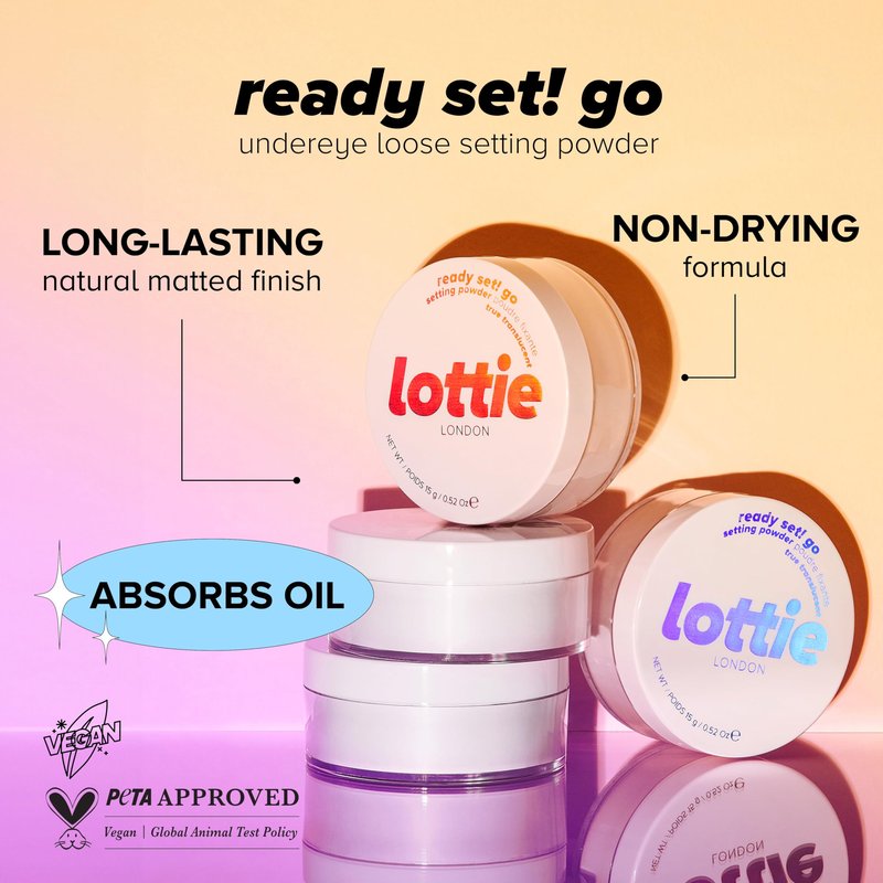 Lottie London Ready Set! Go in Brightening Pink, Setting Powder infused with Hyaluronic Acid, Long-wear & Soft-Focus Matte Finish
