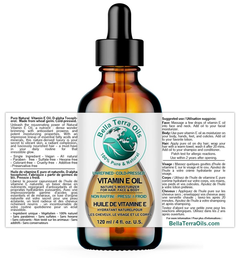 Bella Terra Oils Natural Vitamin E Oil 4oz – Wheat Germ Derived Vitamin E Oil for Soft, Healthy-Looking Skin