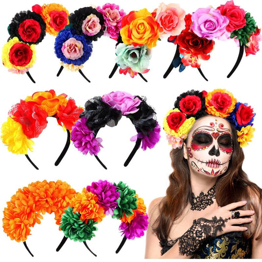 Zeyune Mexican Flower Headband Fiesta Rose Flower Crown Costume Mexican Headpiece for Women Party Cosplay Halloween(Bright Color,8 Pcs)