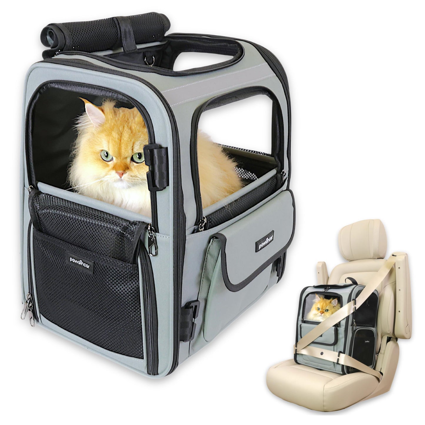 Crash-Tested Multi-Window Cat Backpack Carrier | 2-in-1 Lab-Tested Cat Car Seat & Dog Backpack Carrier | 4 Windows, 4-Side Breathable, Zipper Locks, Foldable | Perfect for Hiking & Pet Car Travel.