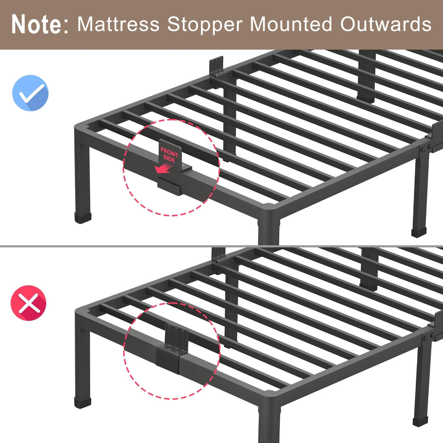 ROIL 18 Inch Queen Bed Frame with Rounded Corner and Headboard Hole Mattress Retainers 3500LBS Metal Heavy Duty Steel Slats No Box Spring Needed Platform Noise-Free Easy Assembly
