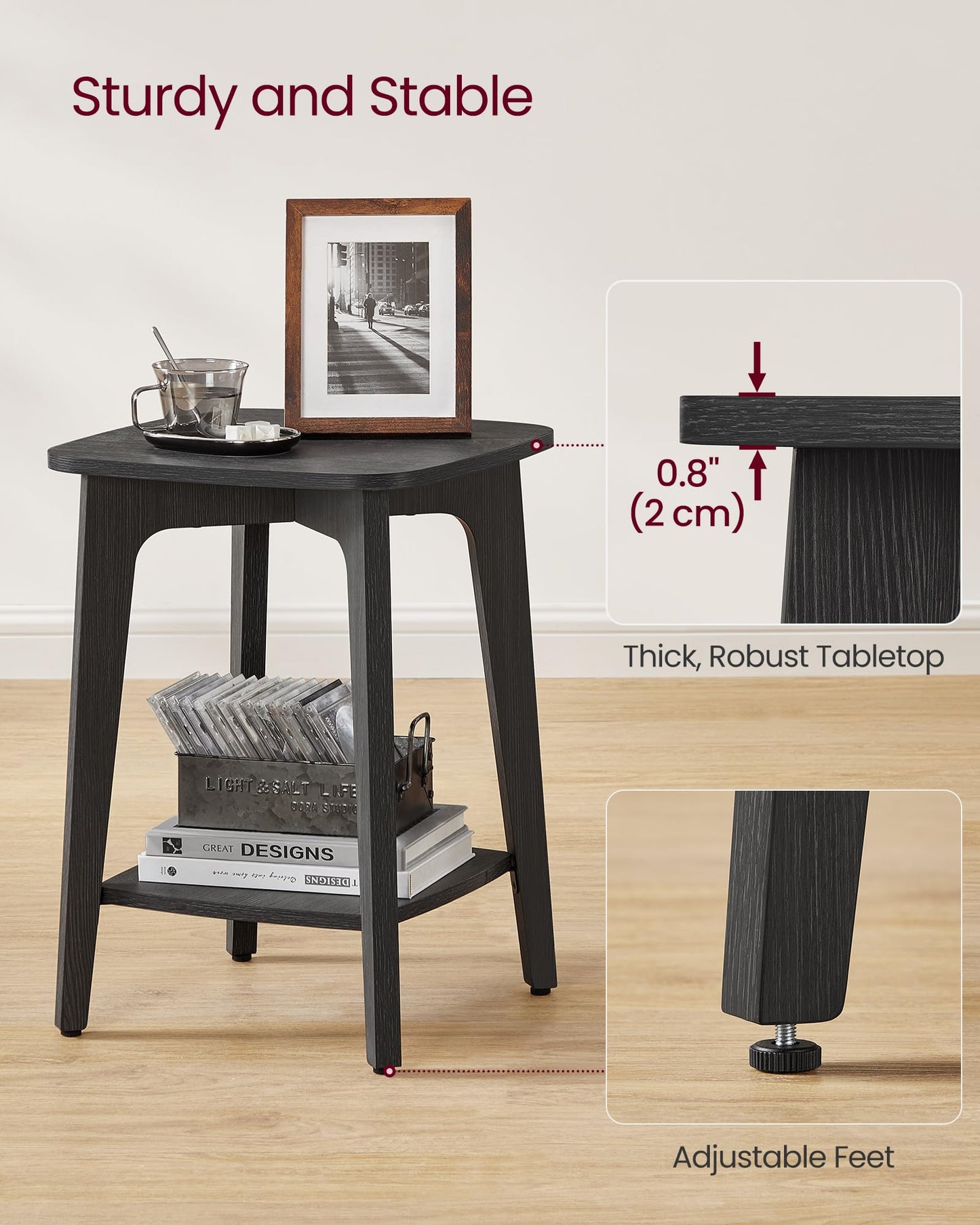 VASAGLE MAEZO Collection - Side Table, 2-Tier Small Square End Table, Nightstand with Tapered Legs, Curved Transitions, for Small Spaces, Living Room, Bedroom, Charcoal Gray ULET236B01