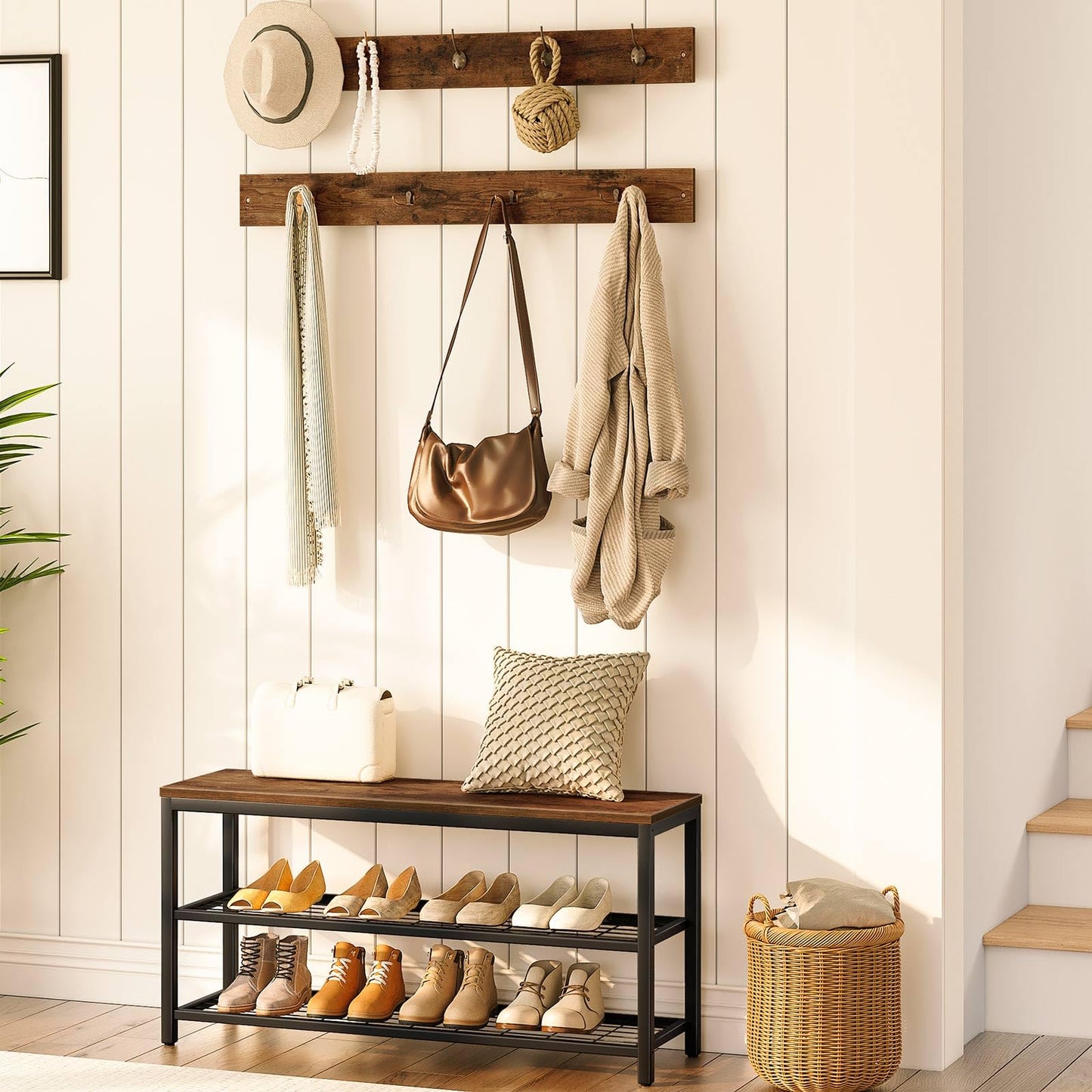 HOOBRO Hall Tree with Bench, Coat Rack Shoe Bench Set, Entryway Shoe Rack with Coat Hooks, Hall Tree Coat Rack, Mud Room, Industrial, for Foyer, Front Door, Rustic Brown BF07MT01
