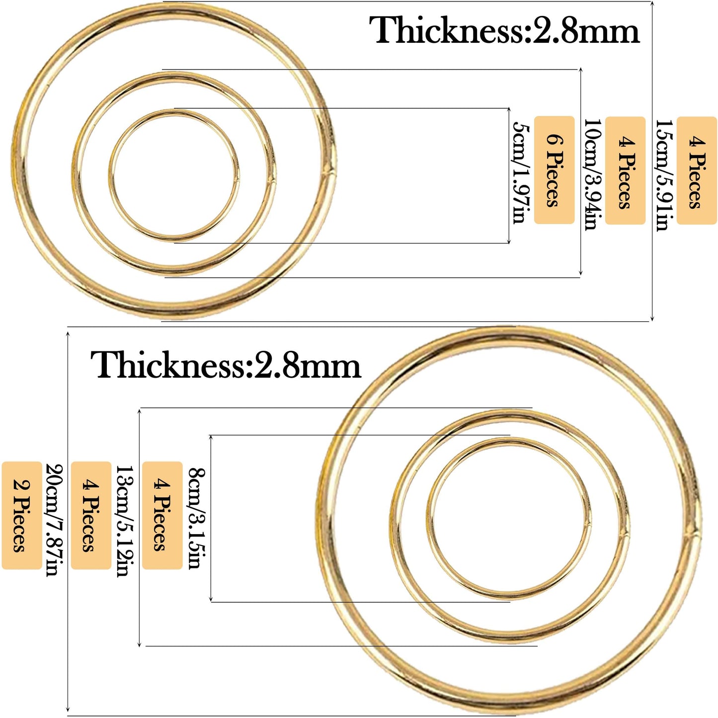 24Pcs Macrame Hoops Ring, BetterJonny 6 Sizes Metal Craft Rings Hoops Gold Dream Catcher Rings Wreath Hoop Rings for Home Decorations DIY Crafts and Wall Hanging Crafts(2in,3in,4in,5in,6in,8in)
