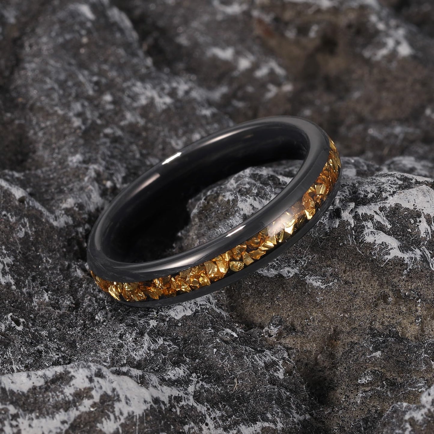 NUNCAD Women's Tungsten Rings 4mm Black Wedding Band Inlaid with Citrine Center Polished Domed Comfort Fit Size 8