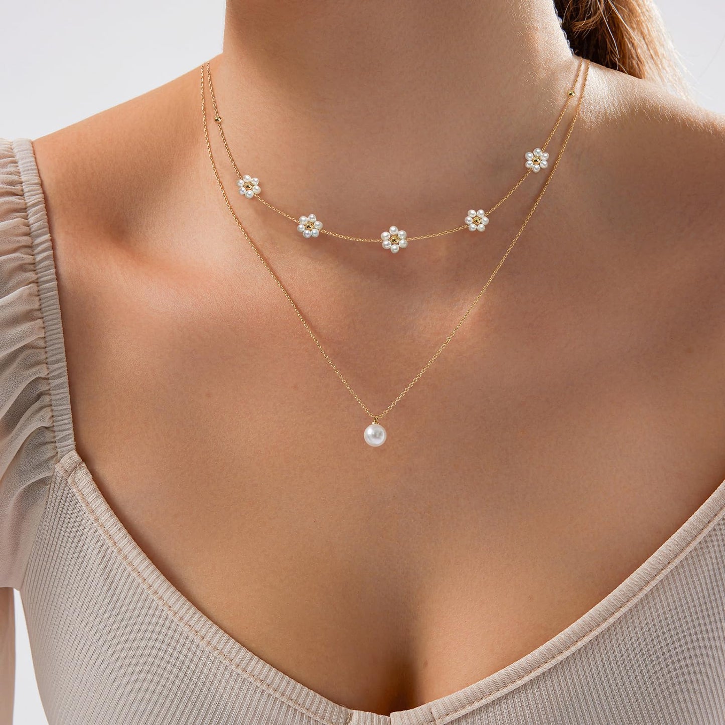 Luxval Layered Gold Pearl Necklaces Dainty Layered Simple Pearls Choker Chain Cute Daisy Pearl Choker Necklace Set Flower Necklaces for Women Trendy Wedding Jewelry Gifts