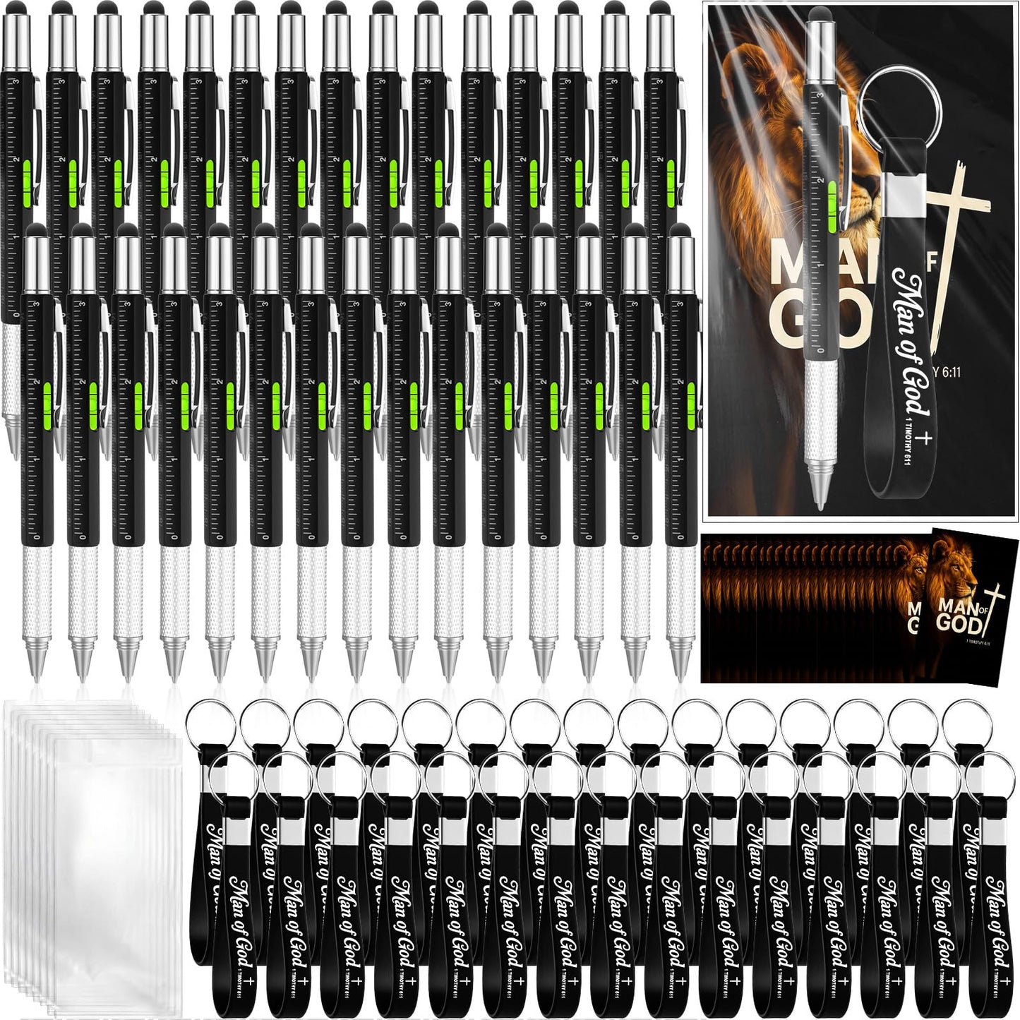 Quelay 30 Set Fathers Day Church Gifts Bulk Man of God Christian Gifts for Men 6 in 1 Multi Tool Pen with Silicone Keychain Religious Cards Multi Tool Gadget for Coworker Sunday School Pastor