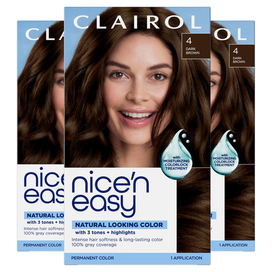 Clairol Nice'n Easy Permanent Hair Dye, 4 Dark Brown | 100% Gray Coverage | Long‑Lasting, Natural‑Looking Color & Shine | Pack of 3