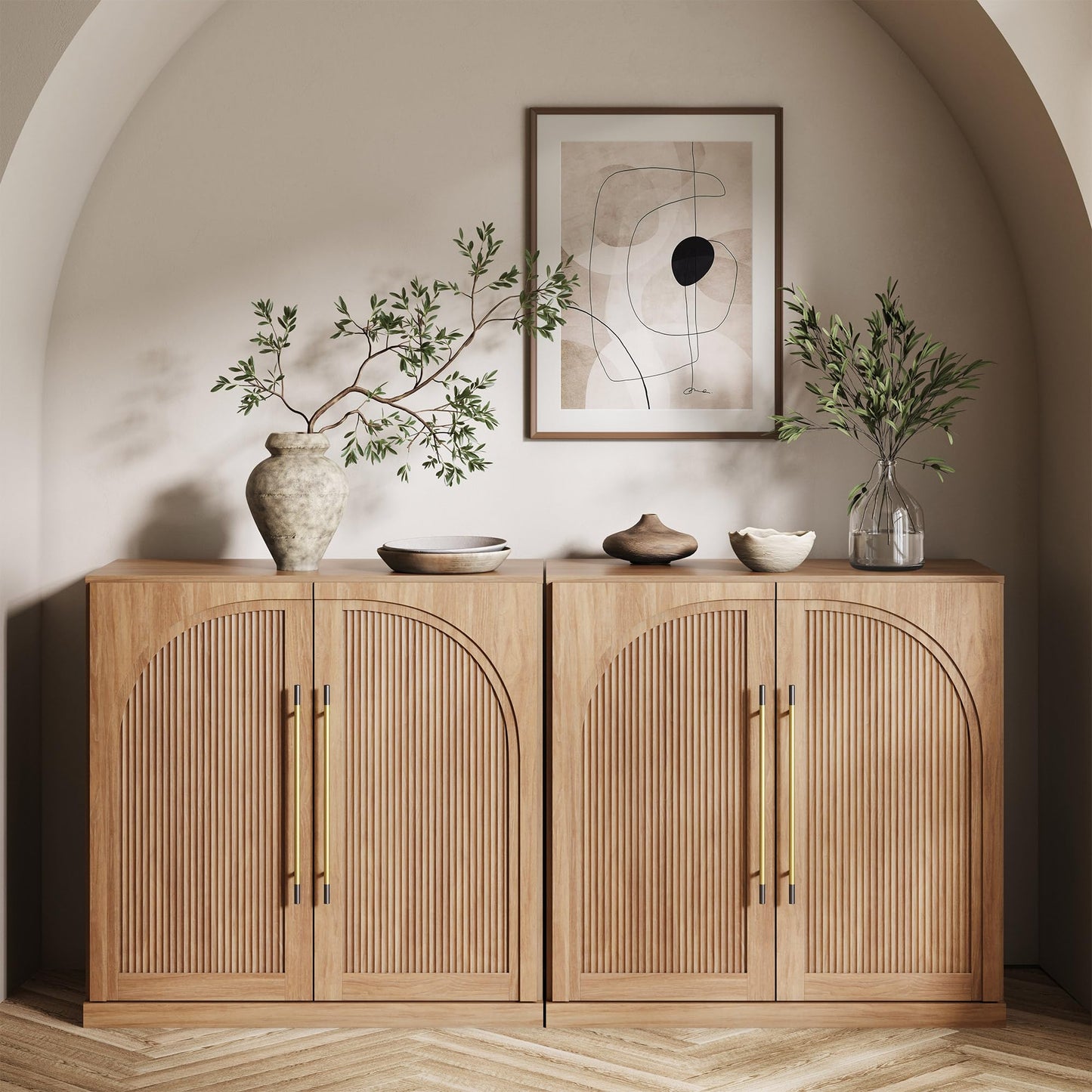BELLEZE Set of 2 Modular Sideboard with Double-Arc Wood Doors, 65'' Arched Buffet Cabinet with Storage and Adjustable Shelves, Classic Modern Credenza for Dining Room Living Room Entryway(Camel)