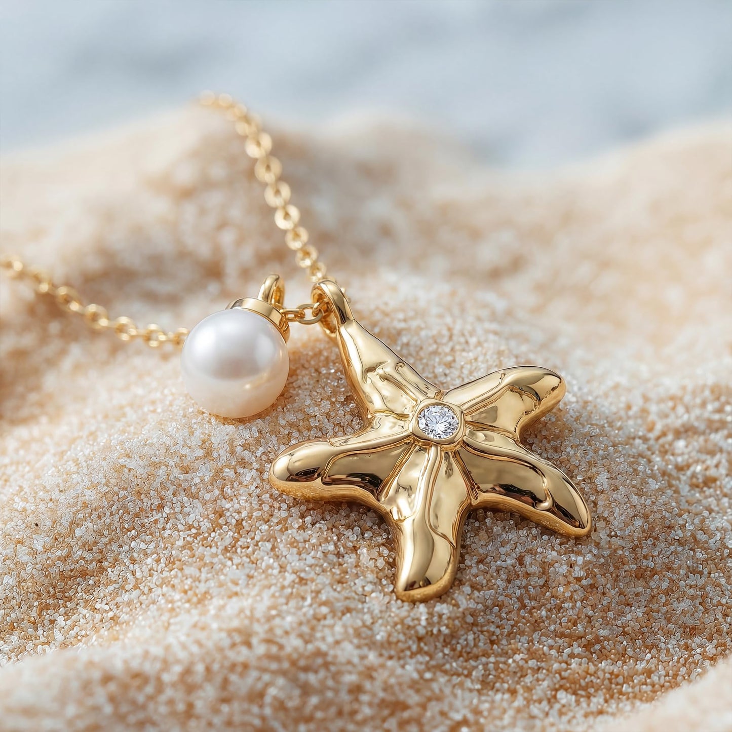 MEVECCO Dainty Gold Starfish Pearl Pendent Necklace for Women 18K Gold Plated Beach Cute Starfish Necklace Pearl Boho Handmade Ocean jewelry
