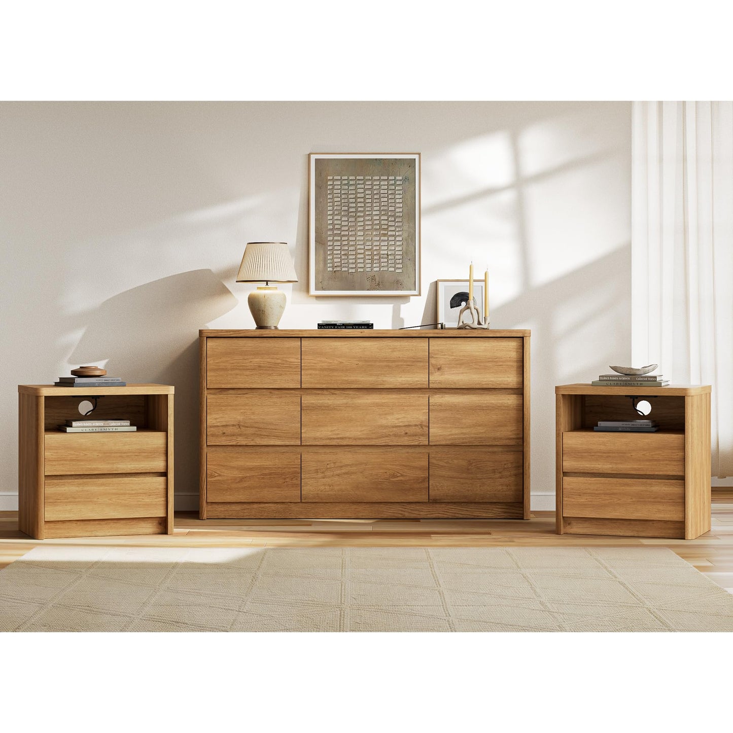 Now Mais 9 Drawer Dresser for Bedroom, Curved Edge Design Modern Dressers & Chest of Drawers, 55" Wide Nursery Dresser,9 Drawer Large Dresser for Bedroom Natural Oak