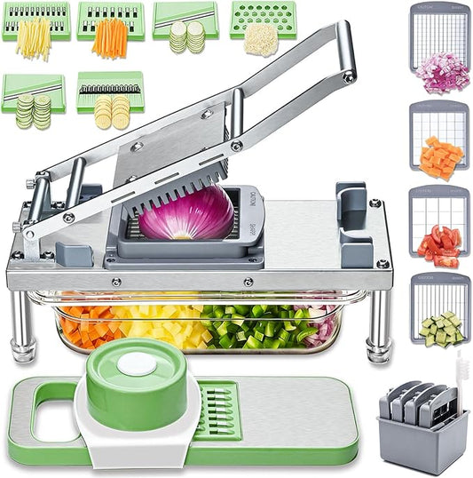 Stainless Steel Vegetable Chopper with 10 Blades - Mandoline Slicer-Pro Food Chopper with Container - Veggie Salad Onion Chopper - Potato Dicer - Tomato Cutter - Cheese Grater
