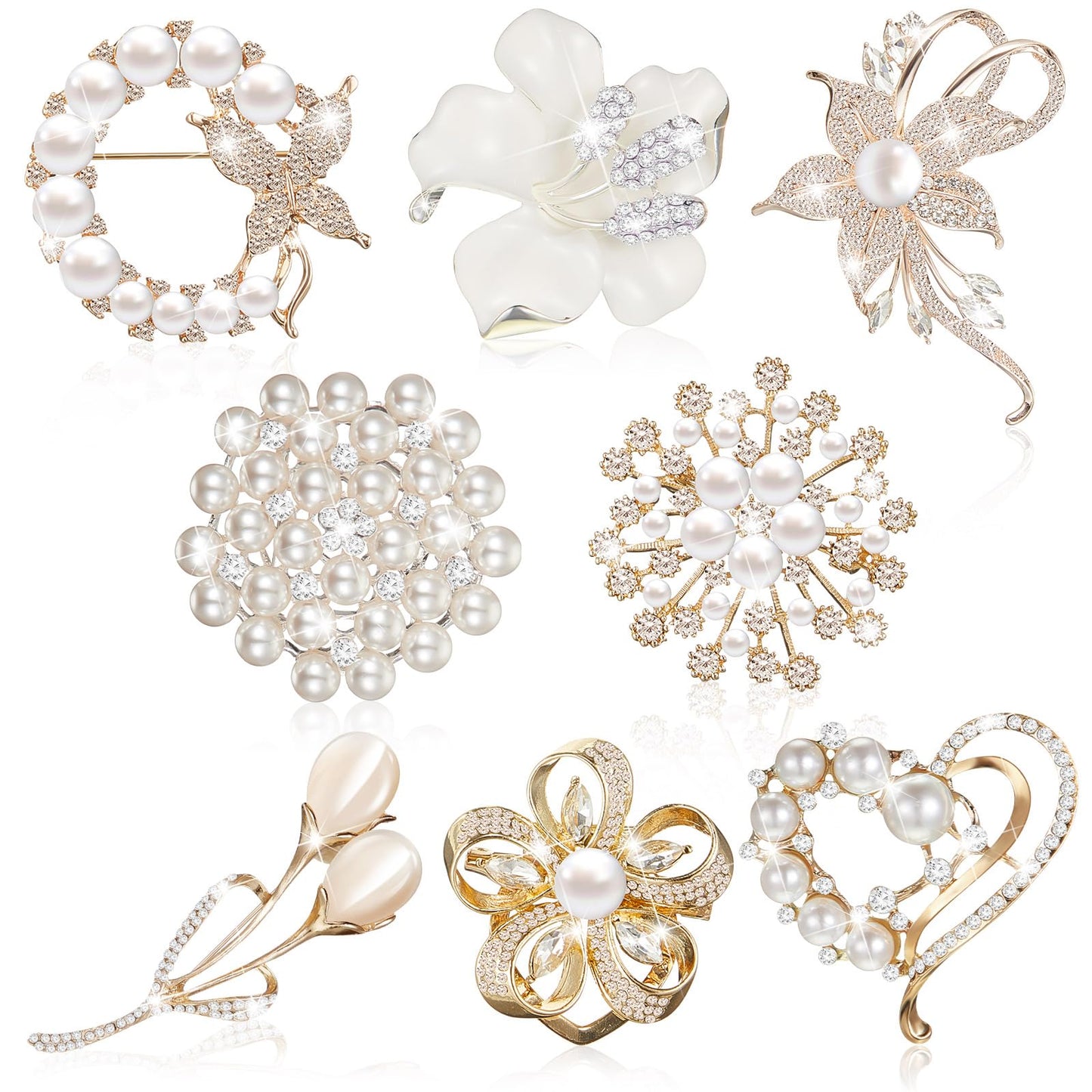 Ecally 8 Pcs Flower Brooch Pins for Women, Crystal Pearl Brooch and Pins for Dress, Coat, Shawl – Gift for Mother，Wedding (Groovy)
