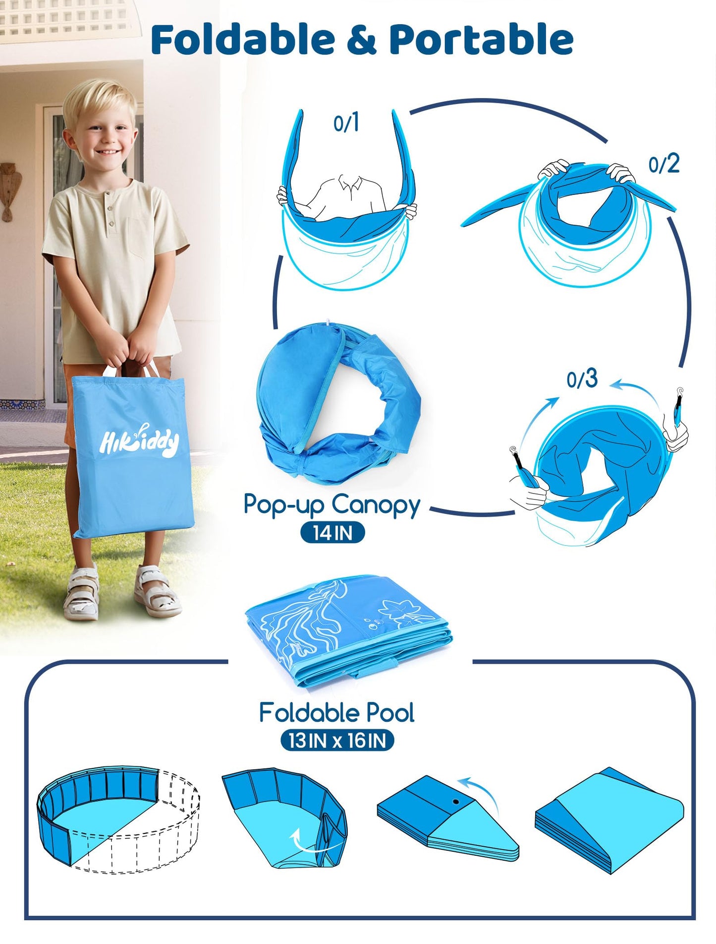 Hikiddy Foldable Kiddie Pool with Canopy: 31.5in/ 47in /63in for Baby Toddler Kids Family - Summer Water Play Pool with Shade - Portable for Outdoor Backyard Beach (Blue-Blue, 47in)