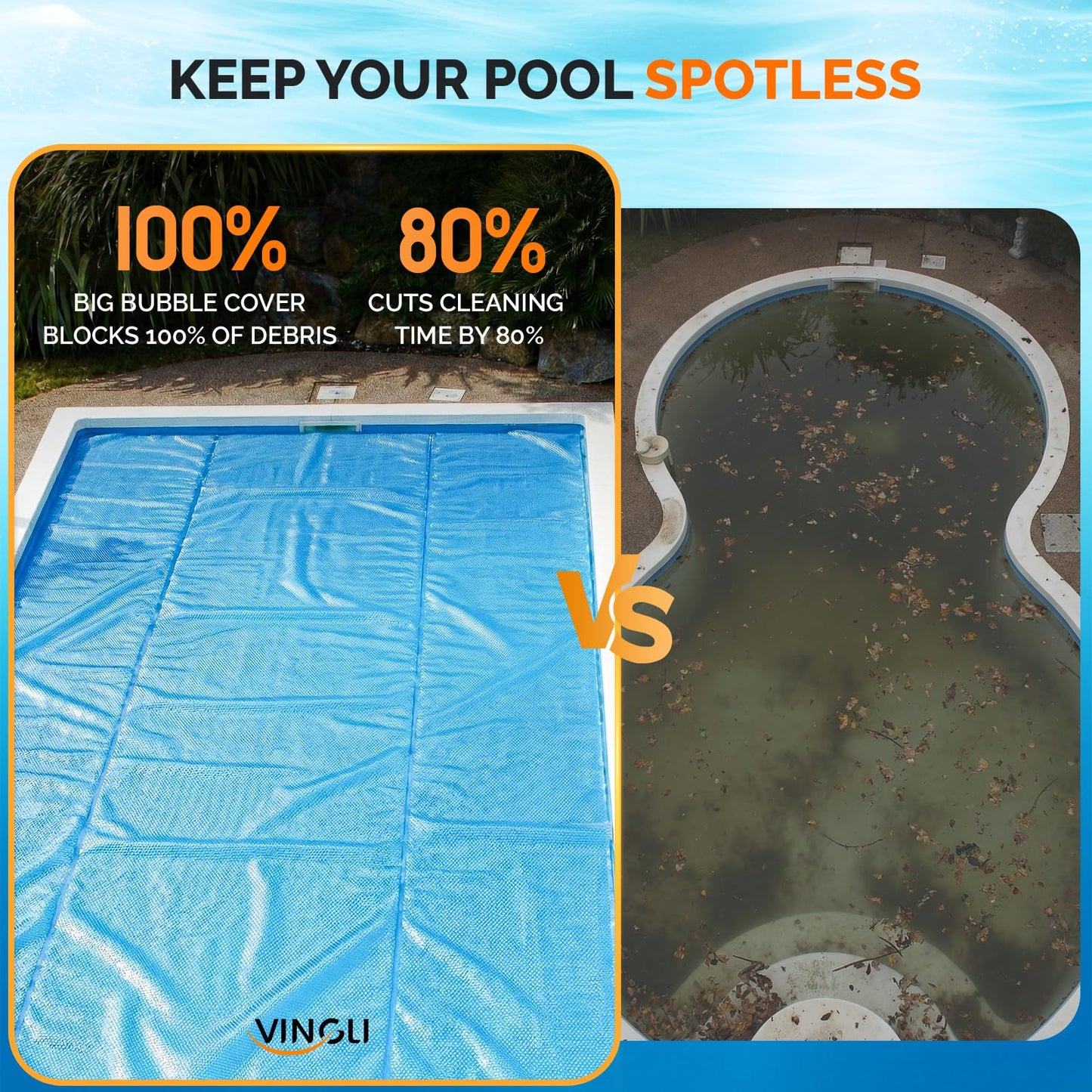 VINGLI 12Mil Solar Pool Cover, Rectangle Solar Blanket-Heavy Duty Solar Pool Cover for Above Ground Pool-Pool Solar Cover for Inground Pool (Blue, 15' Round)