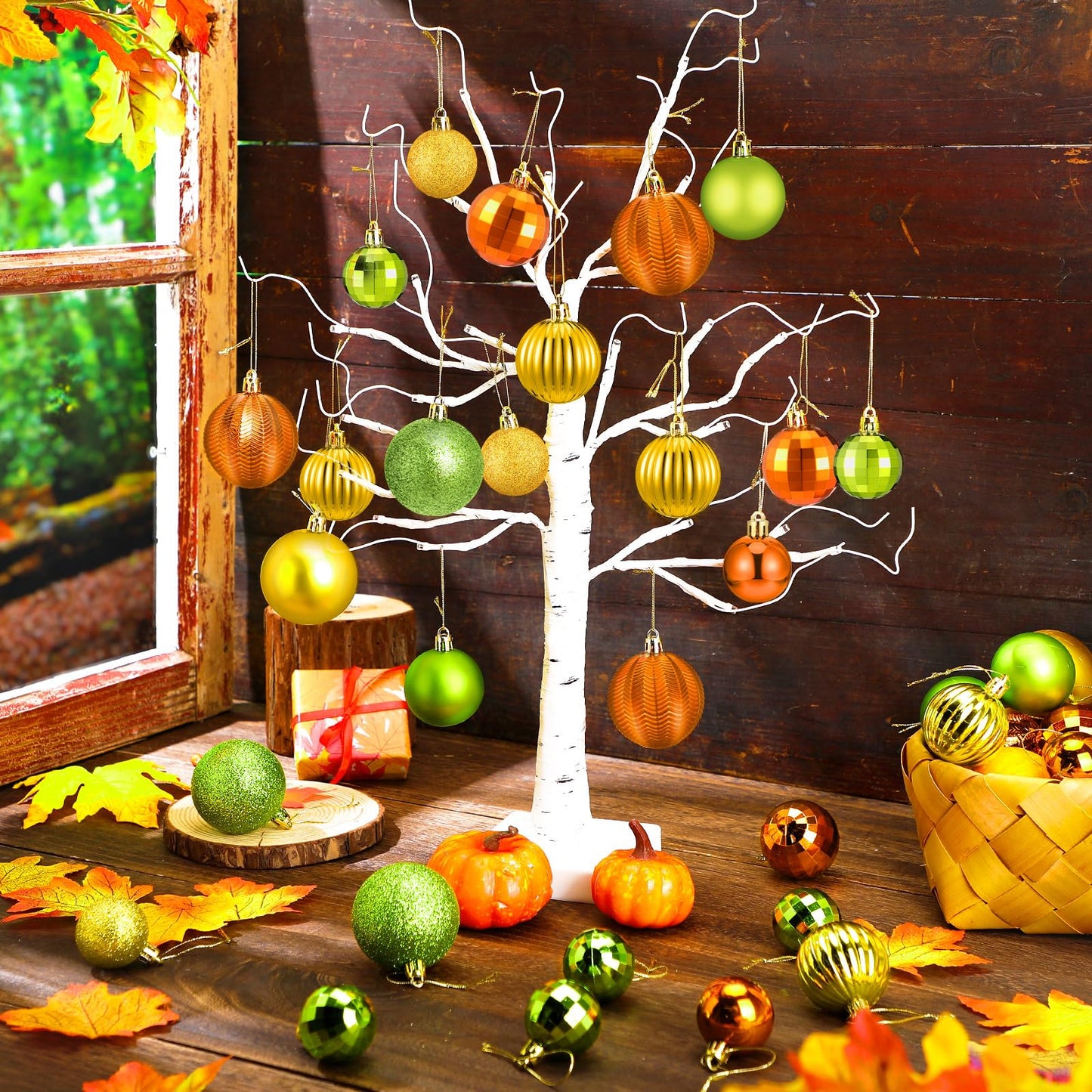 Lunmon 64 Pcs Fall Ball Ornaments Matt Glitter Lime Green Gold Orange Tree Ornament 1.6/1.97/2.4 Inch Autumn Thanksgiving Hanging Bulbs Fall Decorations for Home Tree Holiday Office Party Decor