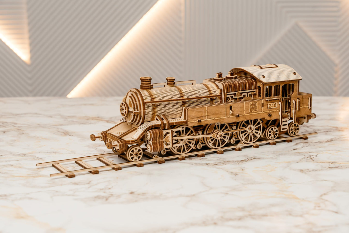 Wood Trick Grand Traveler 246 Wooden Train Set w/Railway - Rides up to 20ft - 16x4″ - Locomotive Model Kit - 3D Wooden Puzzles for Adults to Build - Engineering DIY Models for Adults to Build