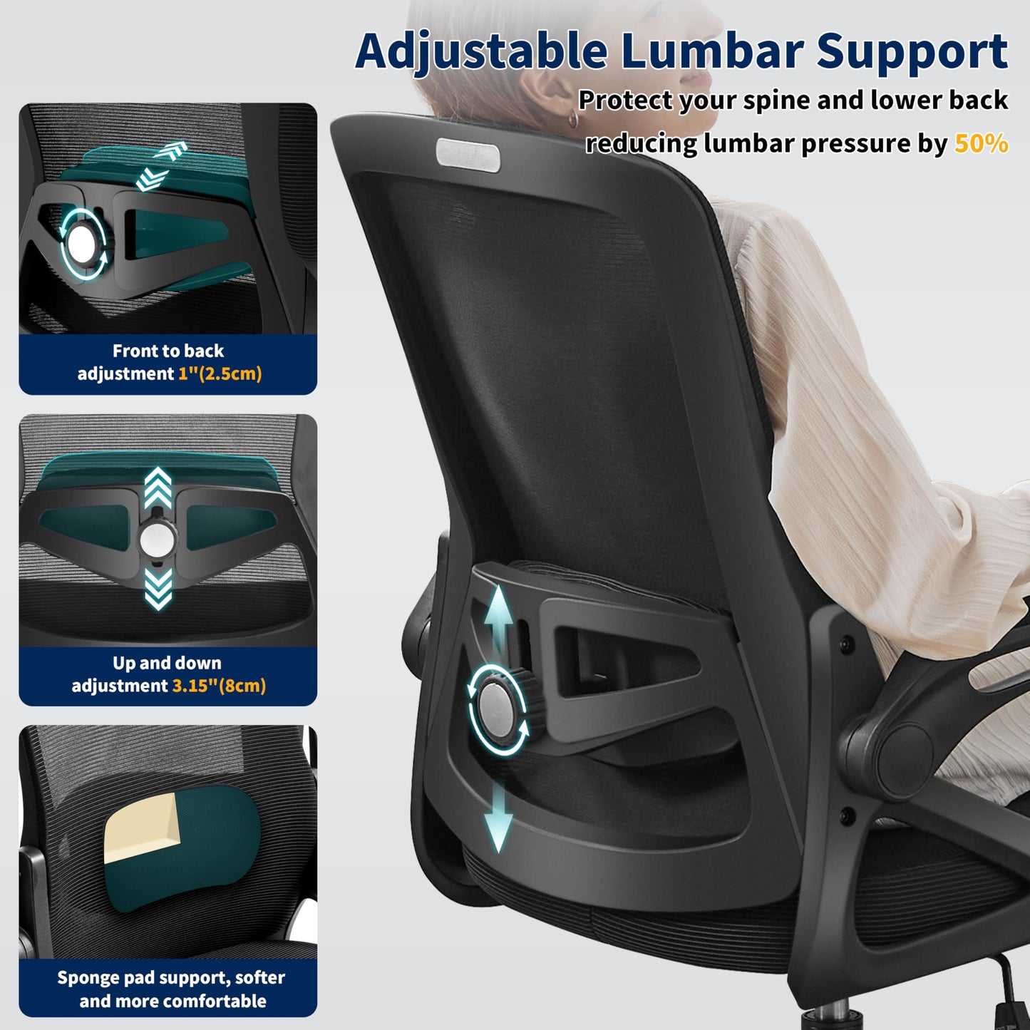 Nexthro Ergonomic Office Chair, Desk Chair with Adjustable Lumbar Support, Breathable Mesh Comfy Computer Chairs with Flip-up Armrests Executive Task Chair for Adults Home Office(Black)
