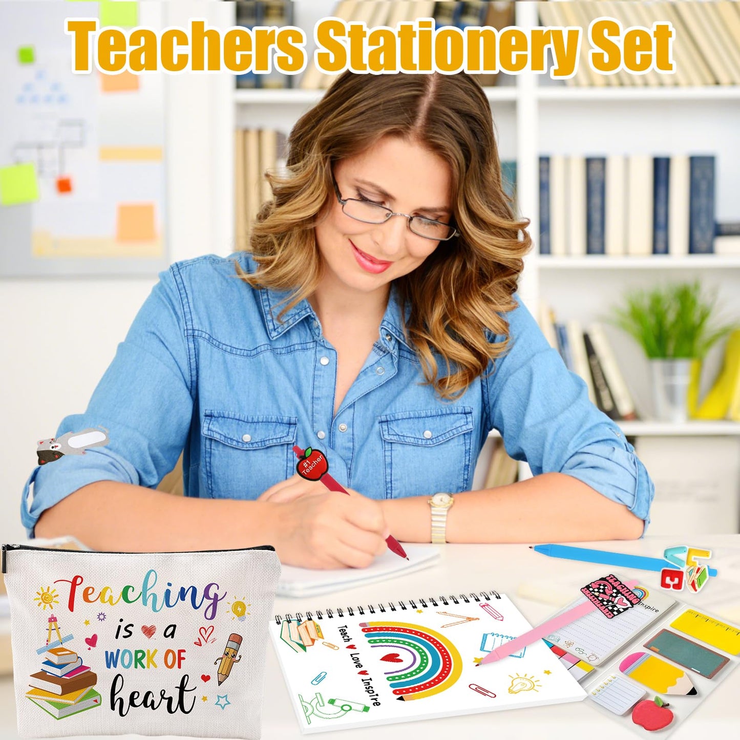 6 Pcs Teacher Appreciation Gifts Pens Sticky Notes A5 Spiral Notebooks Makeup Bag Pencil Pouch, Teacher Appreciation Day Gifts, Christmas Birthday Gifts School & Office Supplies for Teacher (Teacher)