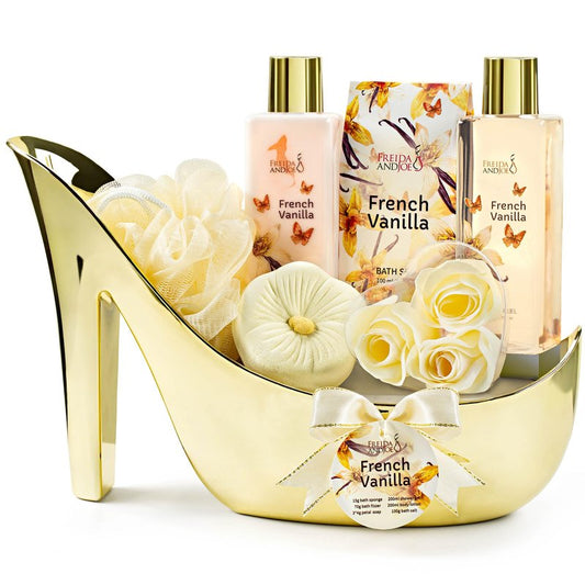 Elegant Bath Set in High Heel Shoe – Luxurious Spa Gift Basket for Women, Includes Shower Gel, Body Lotion, Bath Salts, Soap Flowers, Bath Fizzer & Sponge (French Vanilla) – Mother's