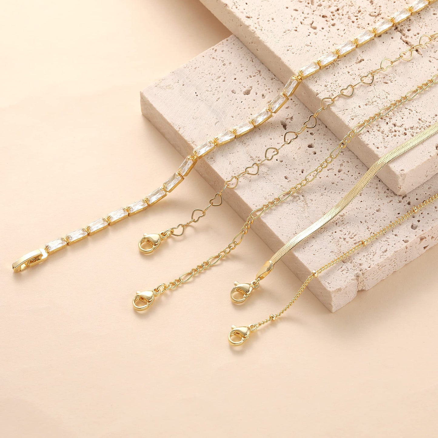 MBW 14K Gold Plated Bracelets for Women, Dainty Tennis Bracelet Set Stackable Bracelets CZ Tiny Cute Heart Figaro Link Chain Bracelet Minimalist Waterproof Jewelry for Women Trendy
