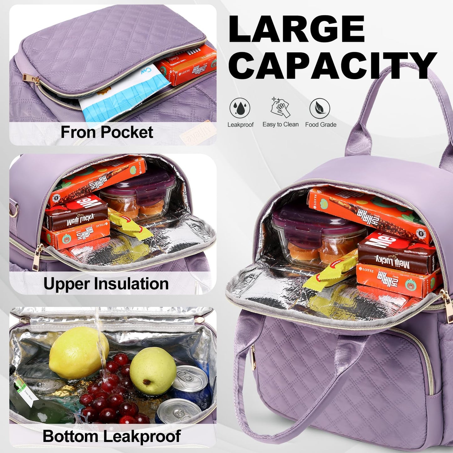 AIJIEKE Large Insulated Lunch Bag for Women, Double Compartment Leakproof Lunch Box for Work Office, Reusable Cooler Tote with Adjustable Strap & Side Pockets for Adults Picnic Beach, Purple