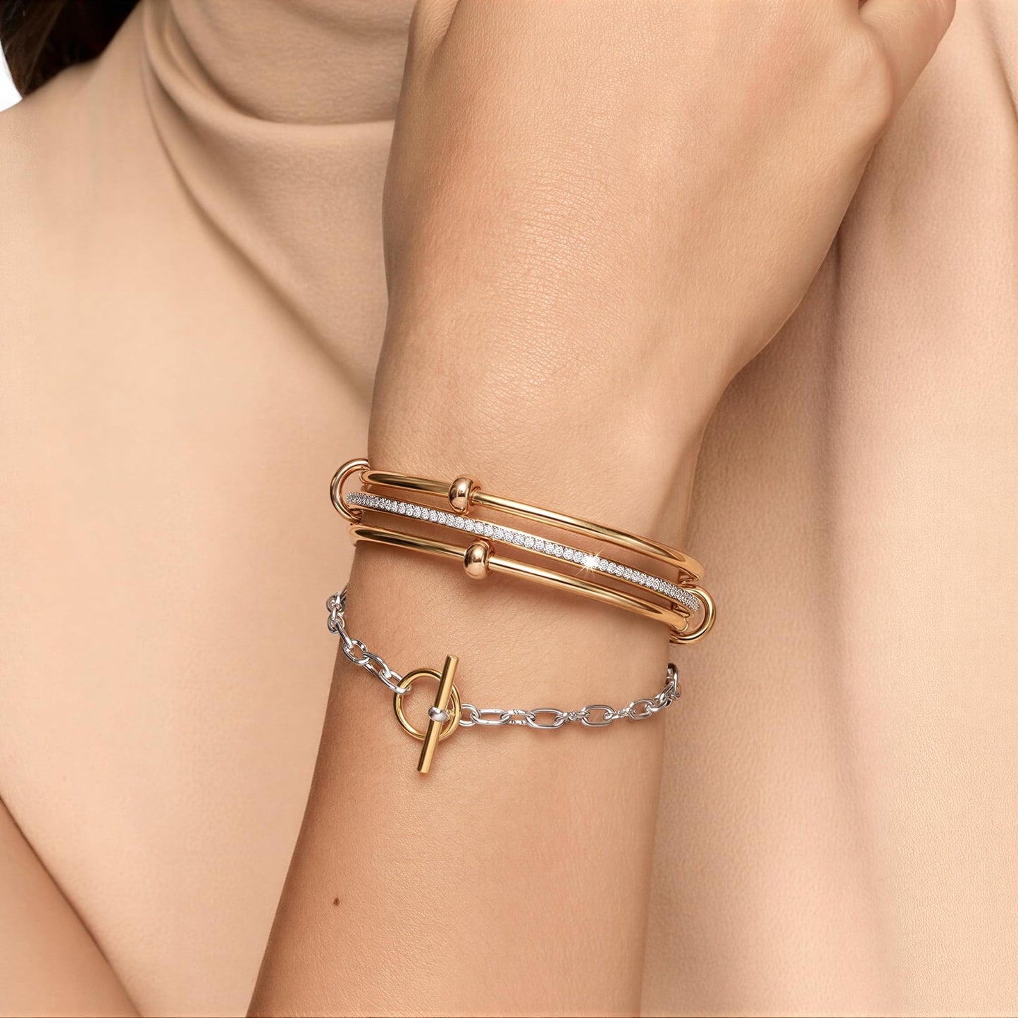 Musishiyu Gold Bracelets for Women Stacking Bangle - 18K Mixed Metal Tri-Color Rolling Interlocking Bands, Cubic Zirconia Fidget Anxiety Jewelry, Perfect Gifts for Mom Wife Grandma