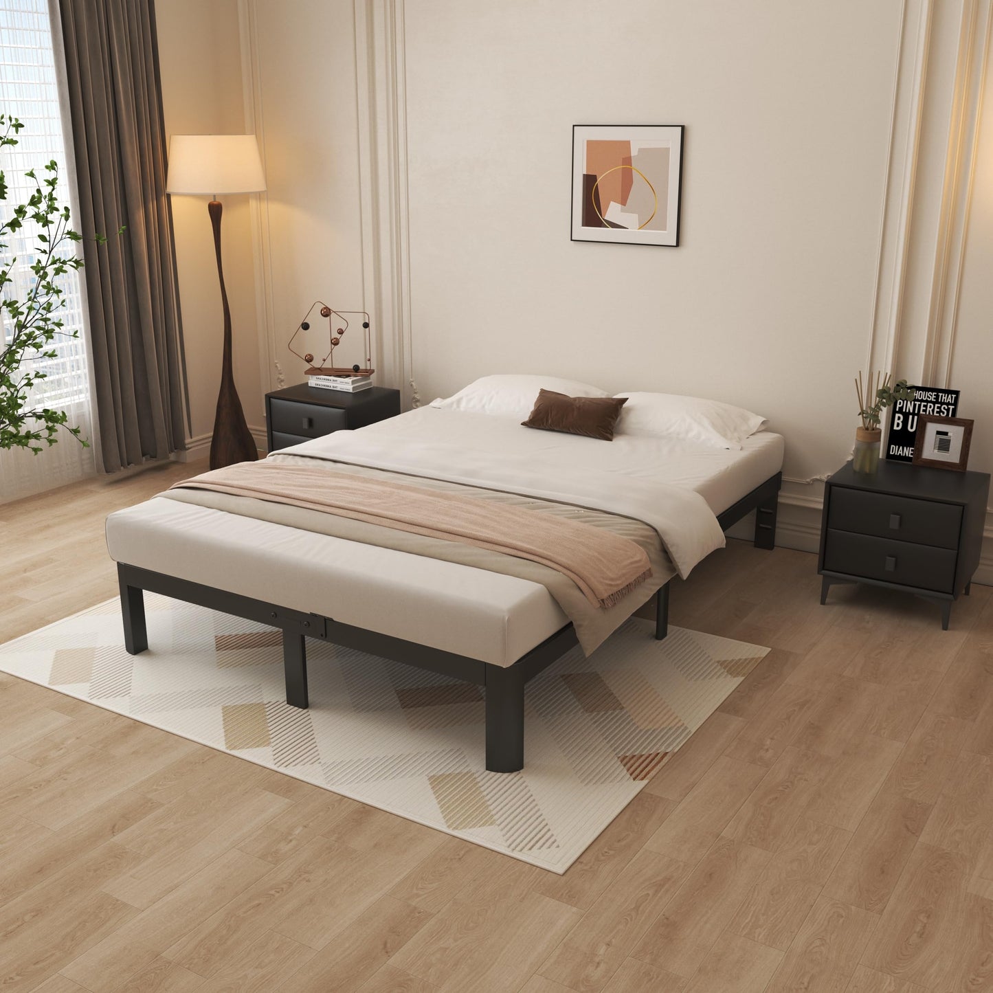 KOSOSO 10 Inch Queen Bed Frame, Black Bed Frame Queen Size with Metal Baffles, No Box Spring Needed, Heavy Duty Steel Platform Support, Rounded Corner Design, Reserved Holes, Storage Space, Noise Free