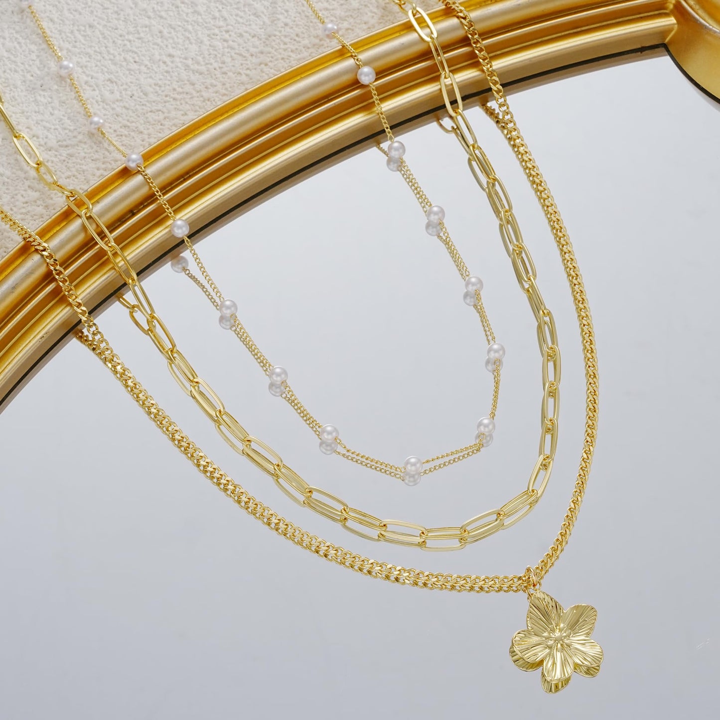 YEEZII Layered Gold Necklaces for Women Trendy, 3 Pcs 14K Gold Plated Choker Paperclip Box Chain Necklace, Stackable Women's Gold Pendant Necklaces Jewelry Set (Gold-3 Pcs-Flower)