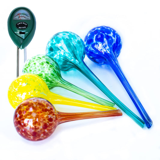 2 Large 3 Small Glass Plant Watering Globes - Plant Watering Devices - Plant Watering Bulbs - Self Watering Spikes - Self Watering Planter Insert - Free Moisture Meter Cotswold Homeware