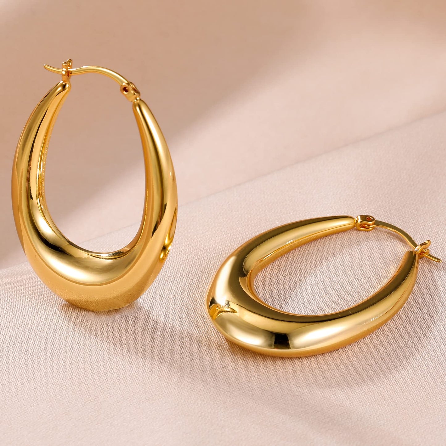 PABBEU Chunky Gold Hoop Earrings for Women, Lightweight 14k Golden Plated Hoops Earrings, Hypoallergenic 925 Oval Golds Hoops Earrings, Thick Gold Hoop Earrings for Women Gifts (38mm)