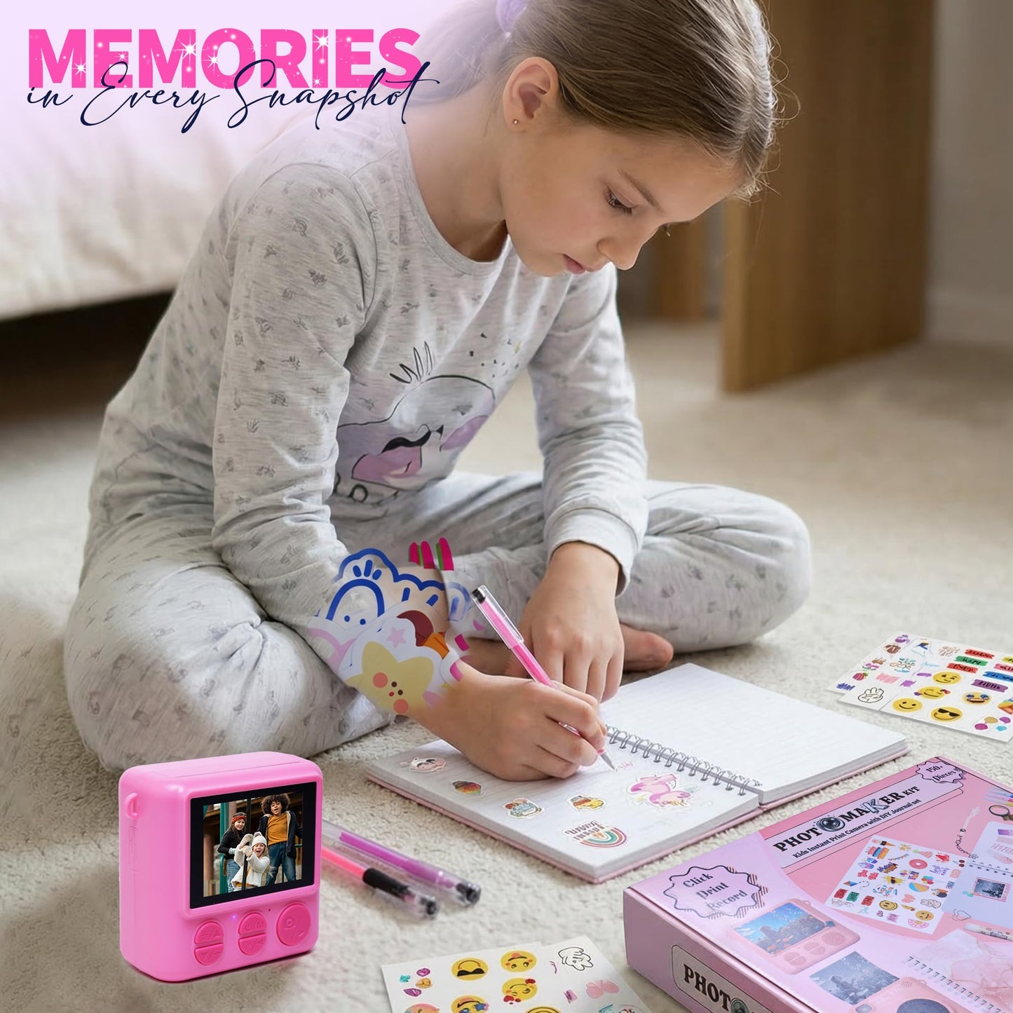 FINcredible Photomaker Kit - Instant Print Camera for Kids Plus DIY Journal Kit for Girls - 150 Pcs Tween Journal & Camera for Girls - 6 7 8 9 10 11 12 13 14 Year Old Girl (Pink)