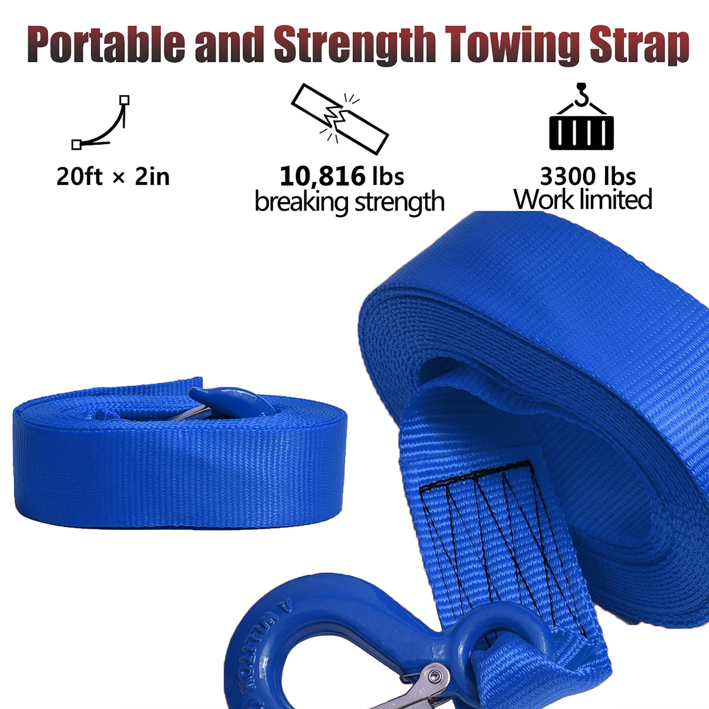 Boat Trailer Winch Strap with Hook 2" x 20'- 10,816lbs Breaking Strength Heavy Duty Hand Crank Strap Replacement for Boat and Jet Ski, Automotive Towing Boat Trailer Strap