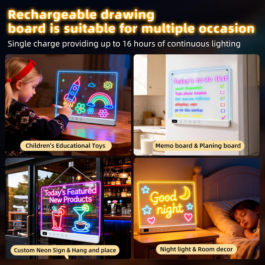 16" Rechargeable Led Drawing Board for Kids with 13 Light Effect, Glow Doodle Acrylic Dry Erase Board-Built-in Stand, Light Up Drawing Tablet Chalkboards for Kids, Gifts for Girls/Teen, 7 Markers